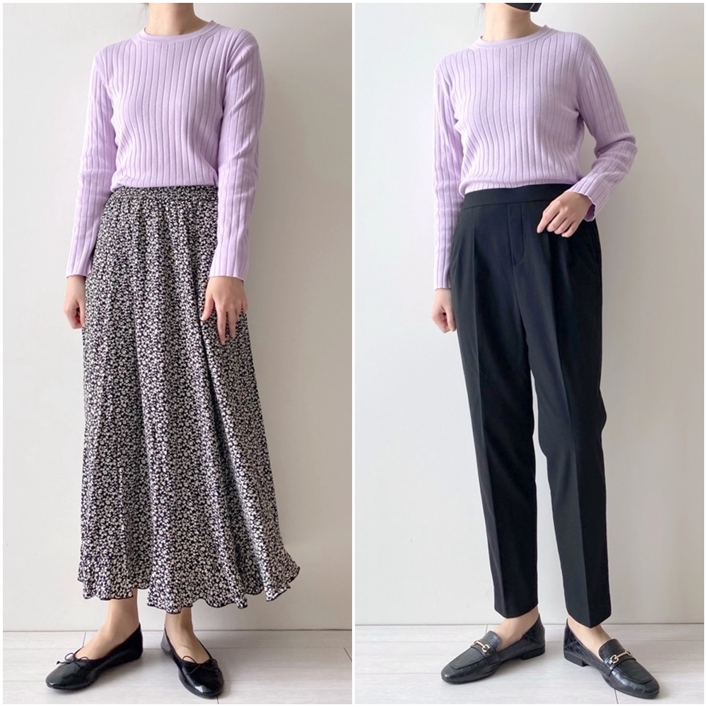 無印良品のオススメのトップス「婦人 大豆繊維を使ったリブクルーネックセーター」のコーディネート