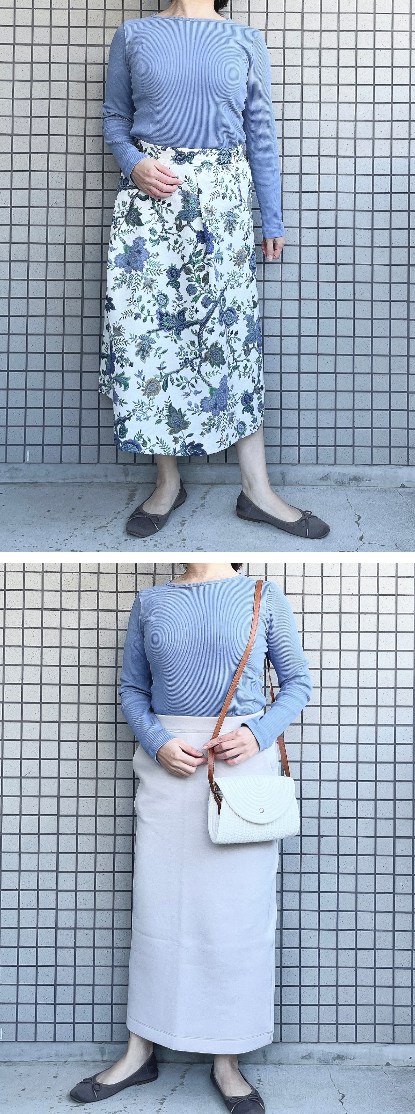 無印良品のオススメのトップス「ストレッチリブ編みクルーネック長袖Tシャツ」のコーディネート