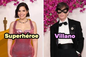 Dos personas posan, una en vestido brillante y la otra con máscara y esmoquin, frente a fondo floral con palabras "Superhéroe" y "Villano"