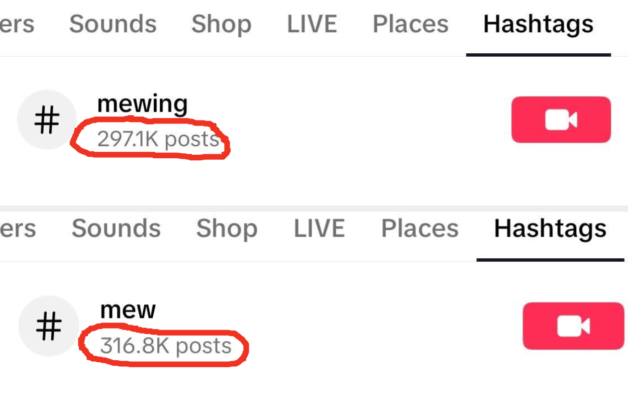 Two screenshots of social media hashtags, &quot;mewing&quot; with 297.1K posts and &quot;mew&quot; with 316.8K posts, indicating popularity