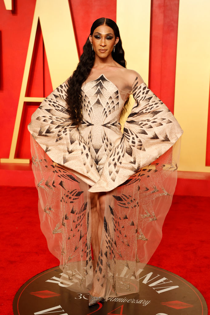 Michaela on red carpet in a sheer, patterned gown with billowy sleeves