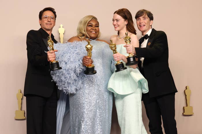 Oscar winners RDJ, Da&#x27;Vine Joy Randolph, Emma Stone, and Cillian Murphy posing with their awards at the 2024 ceremony