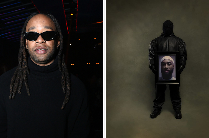 Ty Dolla Sign at an event wearing sunglasses and black attire, second person holds an album with a framed portrait