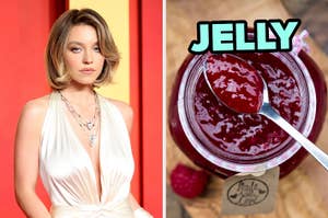 On the left, Sydney Sweeney wearing a satin dress, and on the right, a jar of jelly