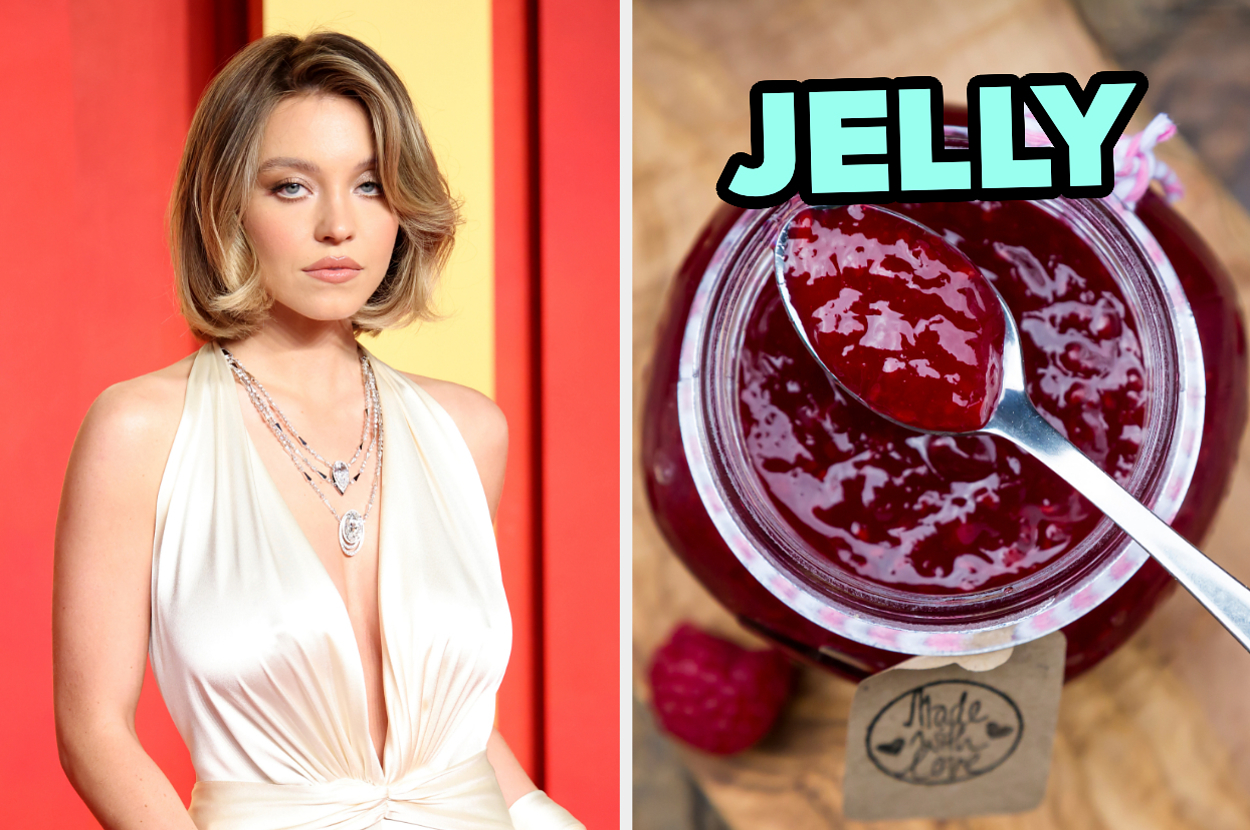On the left, Sydney Sweeney wearing a satin dress, and on the right, a jar of jelly