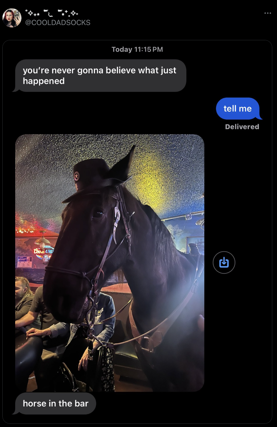 A horse inside a bar with a person wearing a cap, seen partially, standing behind it; screen displays text messages about the event
