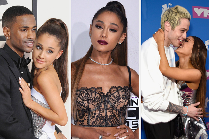 Three separate photos of Ariana Grande with different people in event attire