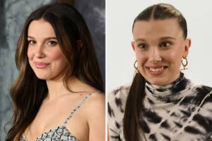 Two side-by-side photos of Millie Bobby Brown, one in a patterned dress, the other in a tie-dye top with large hoop earrings
