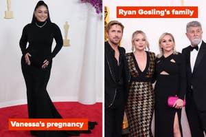 Side-by-side photos: Vanessa in a black gown, left; Ryan Gosling with three family members, right. Text overlays mention pregnancy and family