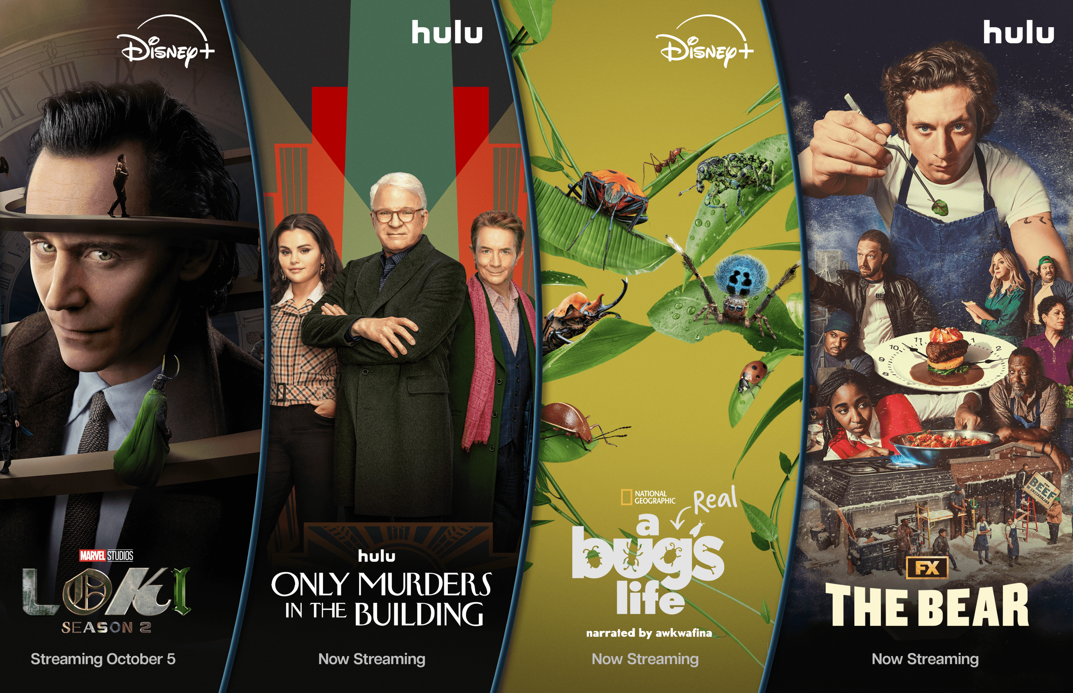 Promo collage for Disney+ and Hulu shows including &#x27;Loki&#x27;, &#x27;Only Murders in the Building&#x27;, &#x27;A Bug&#x27;s Life&#x27;, and &#x27;The Bear&#x27;