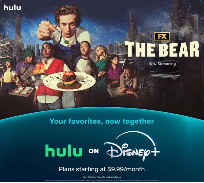 Ad for Hulu and Disney+ showing &quot;The Bear&quot; series image and subscription details, plans starting at $9.99/month