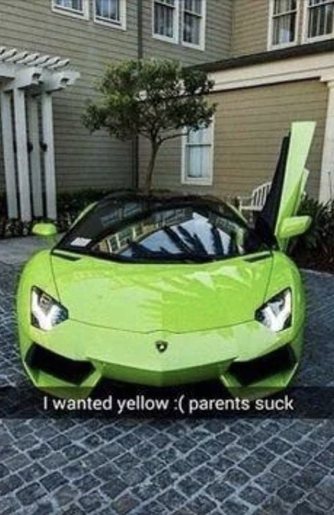 Bright green sports car with open door in driveway, captioned &quot;I wanted yellow :( parents suck&quot;