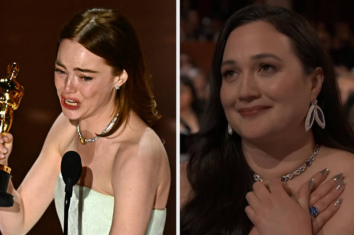 Two side-by-side photos: a tearful actress holds an Oscar, a woman in the audience is touched