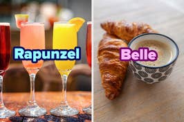 Left: Four mimosas with the label 'Rapunzel', right: A croissant and coffee labeled 'Belle'