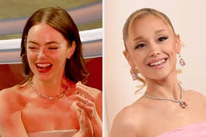 Two female celebrities laughing on the left and smiling on the right, both dressed in elegant evening gowns with sparkling necklaces