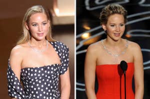 Jennifer Lawrence in a polka dot dress and a red gown speaking at separate events