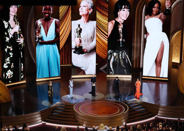Mary Steenburgen, Lupita Nyong&#x27;o, Jamie Lee Curtis, Rita Moreno and Regina King on stage at the 2024 Oscars
