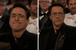 Robert Downey Jr. seated in an audience, wearing glasses and a black bow tie