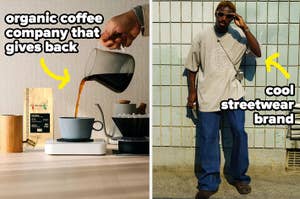 Two images side by side: One with a person pouring coffee, another with a person in casual streetwear leaning against a wall