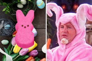 Split image: Left side shows an Easter display with a pink marshmallow bunny; right side has Chandler Bing in a pink bunny costume