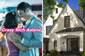 On the left, Rachel and Nick from Crazy Rich Asians looking into each other's eyes, and on the right, a modern house exterior