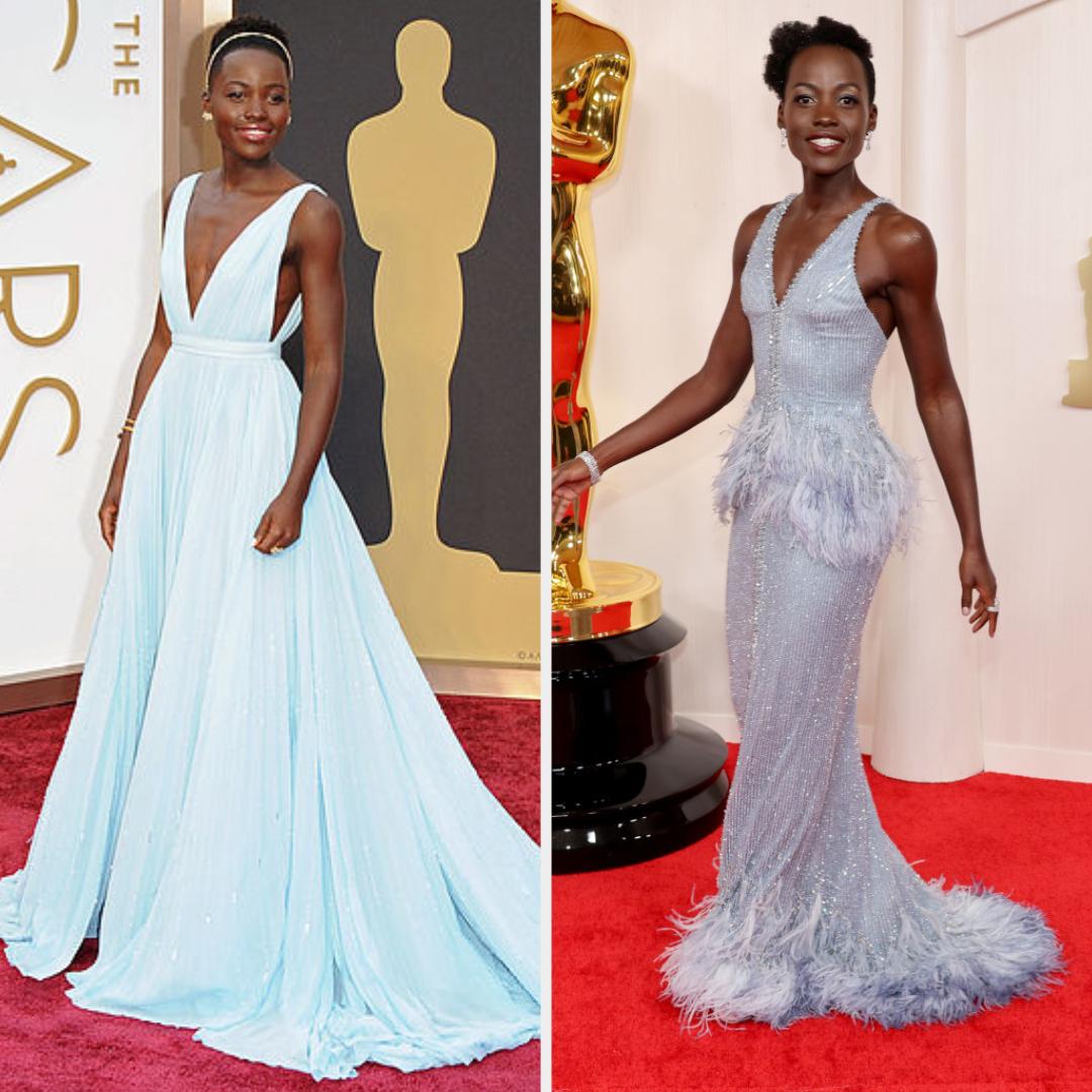 Lupita Nyong&#x27;o in a blue v-neck dress and a silver dress with feather details at events