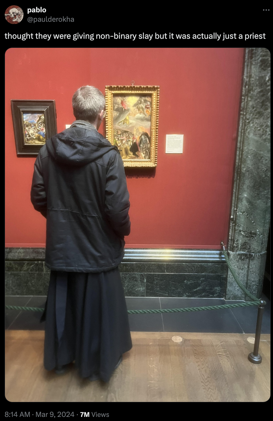 Person in priest attire viewing paintings in a gallery. Text joking about a non-binary look
