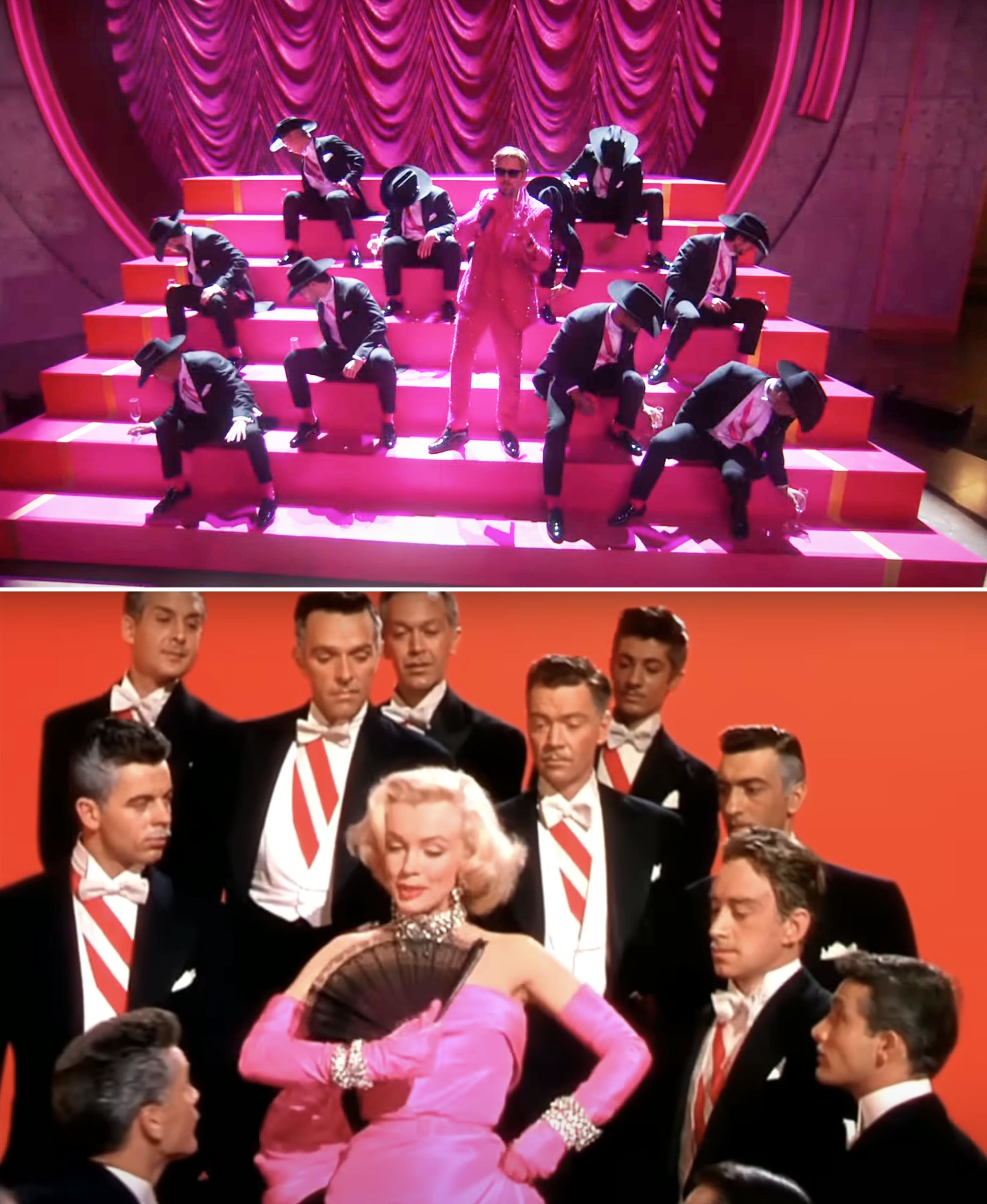 Marilyn Monroe in a pink dress surrounded by men in suits and bow ties in the iconic movie scene