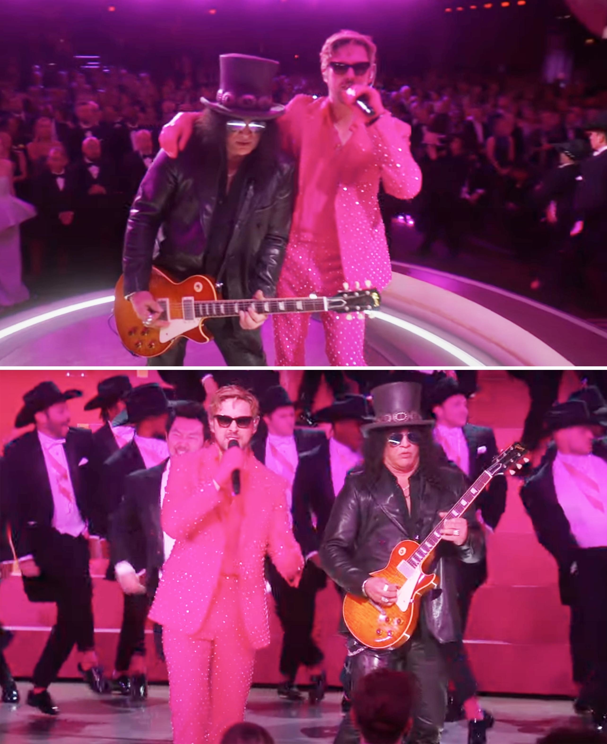 Slash onstage next to Ryan at the Oscars