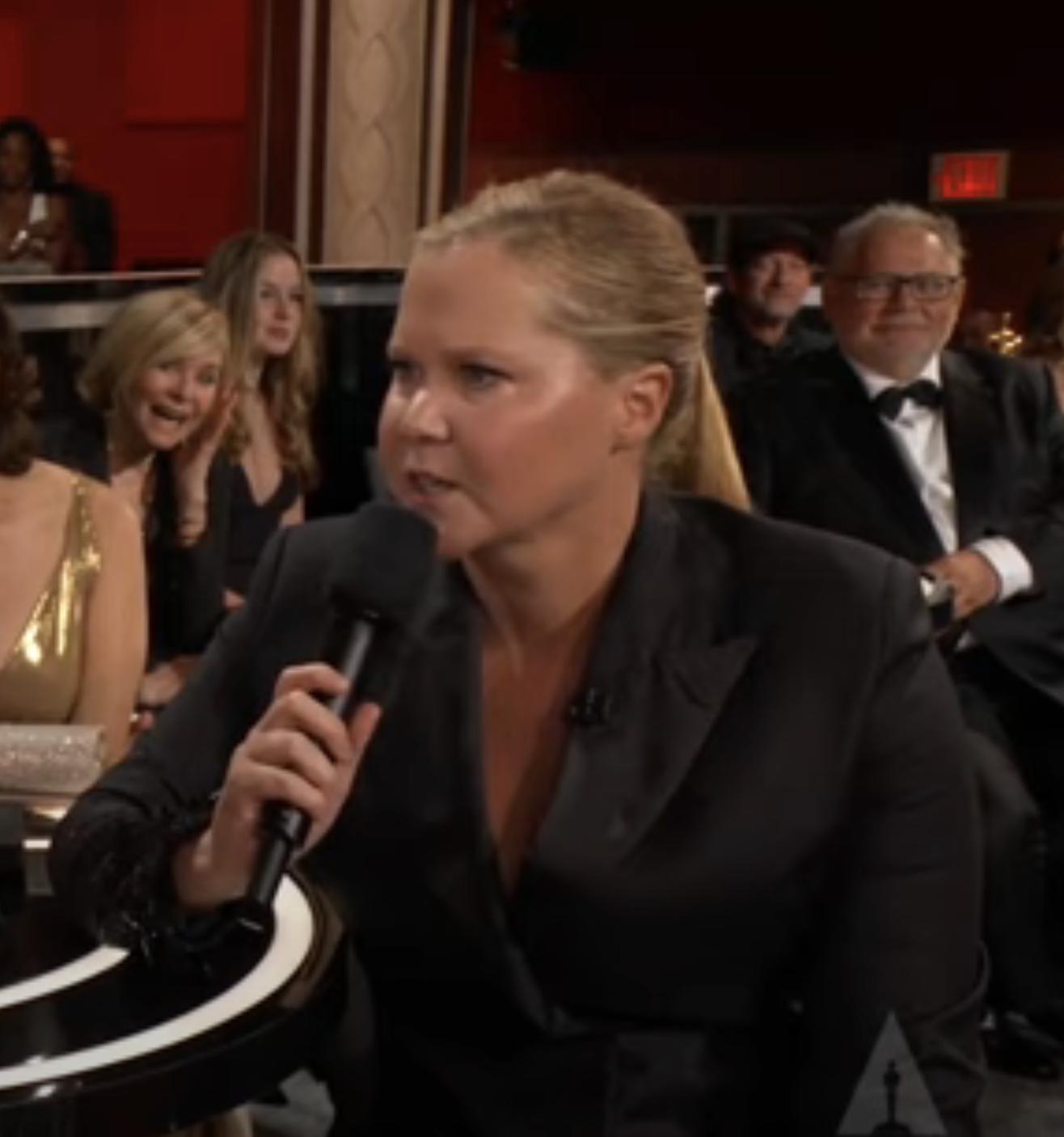 Amy Schumer speaks into a microphone at an event with audience in background