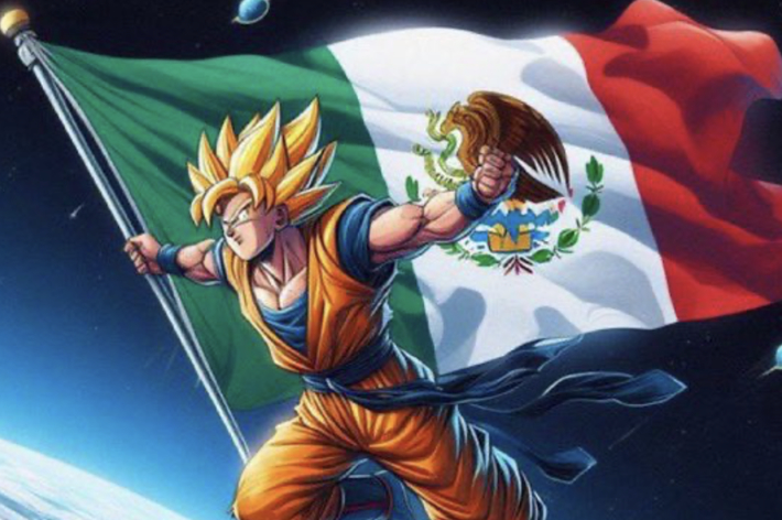 Illustration of Goku from Dragon Ball holding the flag of Mexico, depicted in Super Saiyan form
