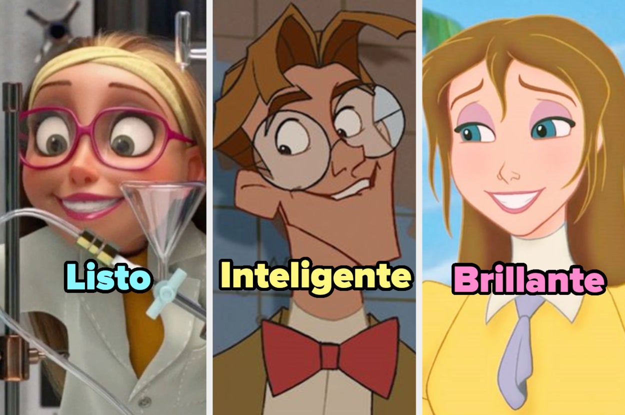 Personajes animados, de izquierda a derecha: Margo (Gru, mi villano favorito), Linguini (Ratatouille), y Rapunzel (Enredados), con adjetivos: Listo, Inteligente, Brillante
