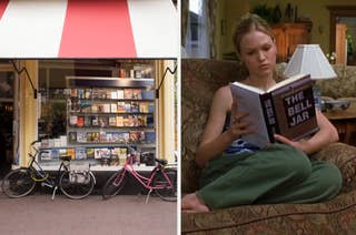 Two-part image: Left - bookstore front with bikes parked; Right - Character reading 