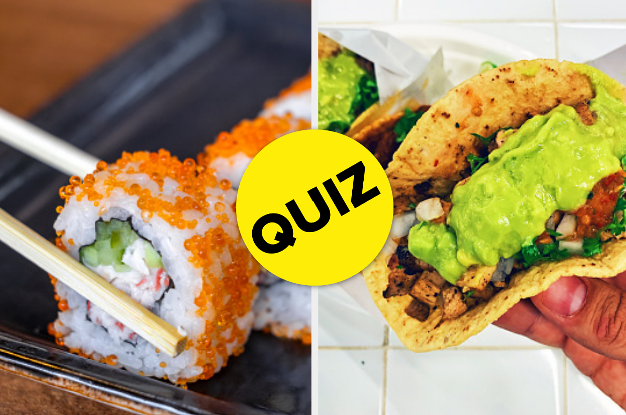 A collage comparing sushi and tacos with a "QUIZ" sticker overlay