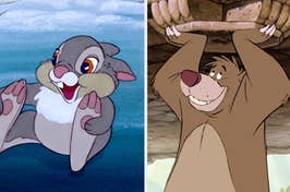 Animated characters: Thumper from "Bambi" on the left and Baloo from "The Jungle Book" on the right