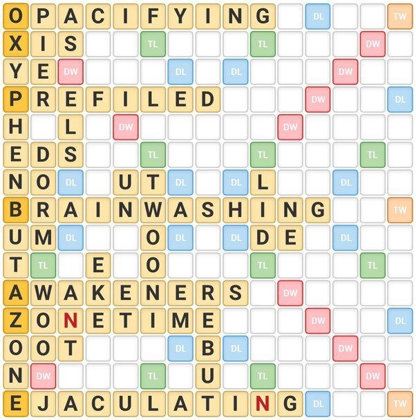 Scrabble game board showing a variety of words with high-scoring placements, including &quot;oxyphenbutazone&quot; going down and words like &quot;ejaculating&quot; and &quot;awakeners&quot; built off of it