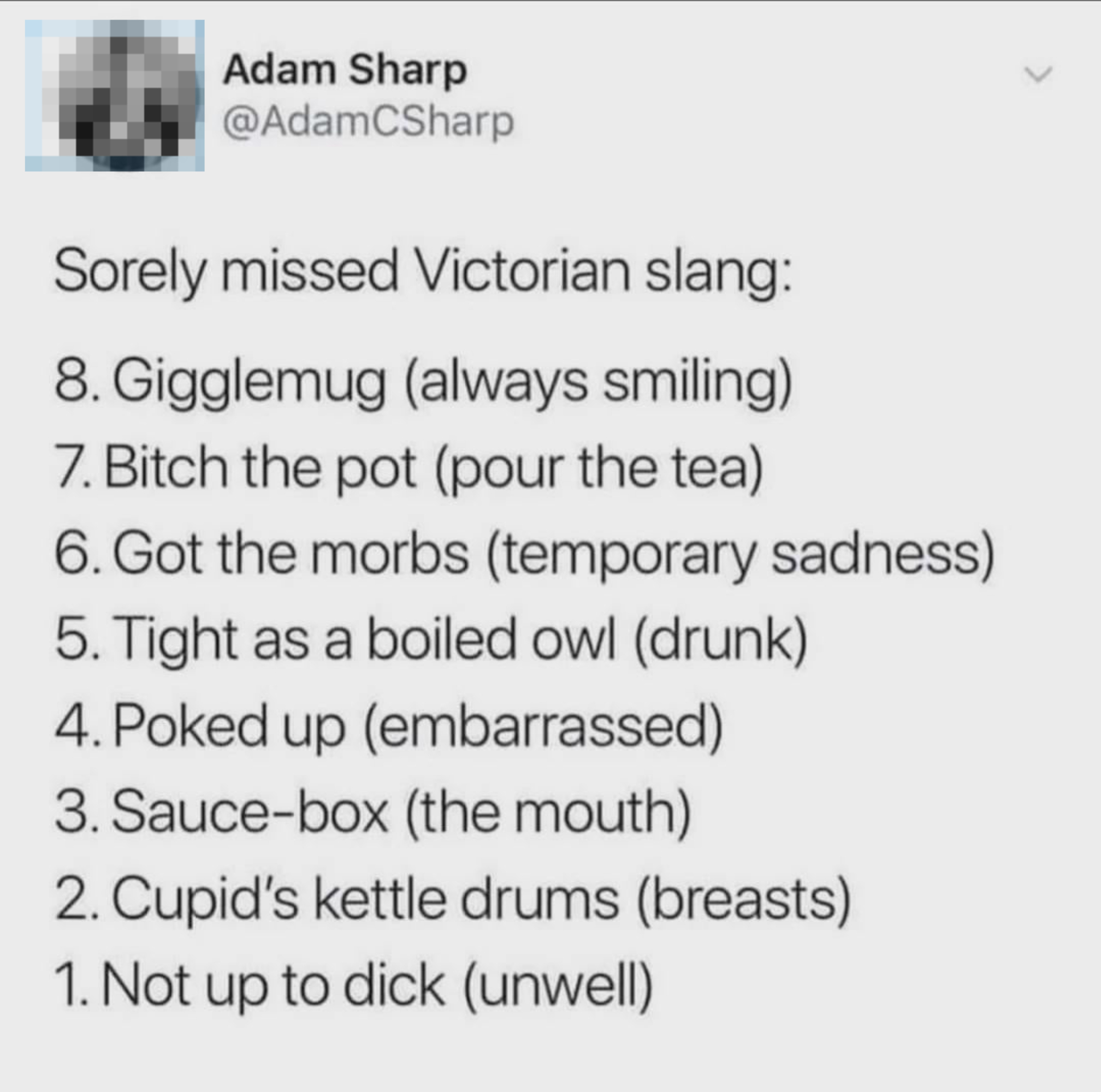 A list of &quot;Sorely missed Victorian slang&quot; phrases on a social media post by Adam Sharp, including &quot;Not up to dick&quot; (unwell), &quot;Got the morbs&quot; (temporary sadness), &quot;Bitch the pot&quot; (pour the tea), and &quot;Tight as a boiled owl&quot; (drunk)