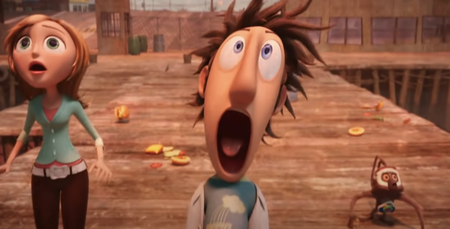 Animated characters shocked on a dock, with scattered objects around