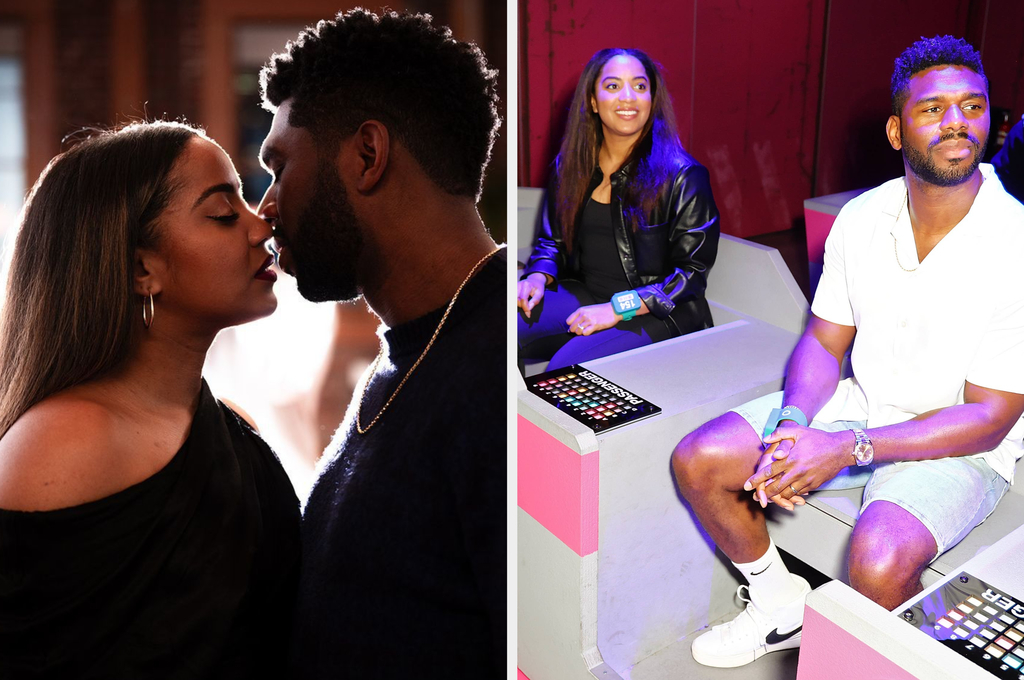 Two people about to kiss, another person watches. They're dressed casually. Expresses romantic tension