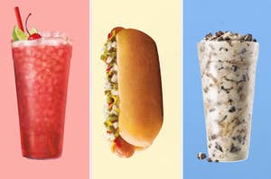 Three items against tri-color background: a cherry slushie, a hot dog with toppings, and a cookies and cream milkshake