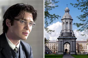 On the left, Cillian Murphy as Doctor Jonathan Crane in Batman Begins, and on the right, Trinity College in Dublin