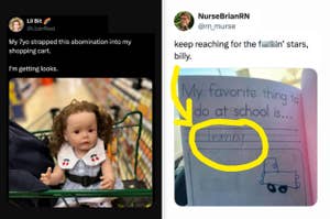 Left: Doll with surprised expression in a shopping cart. Right: Child's worksheet with "reviving" circled