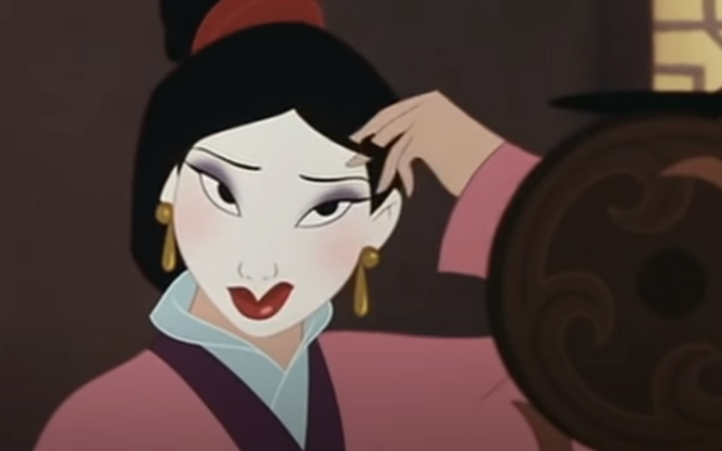 Animated character with hairpin and earrings looking into a mirror; expressing contemplation