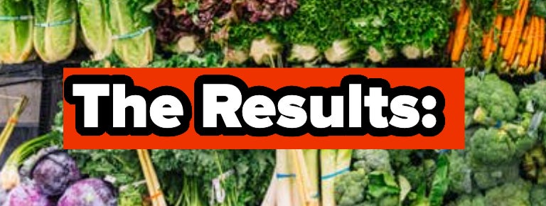 Various fresh vegetables on display with a large label &quot;The Results:&quot; across the front