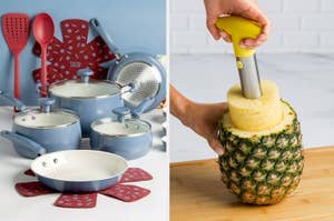 on left: blue nonstick cookware set, on right: model using pineapple cutter to lift core from pineapple