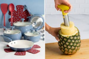 on left: blue nonstick cookware set, on right: model using pineapple cutter to lift core from pineapple