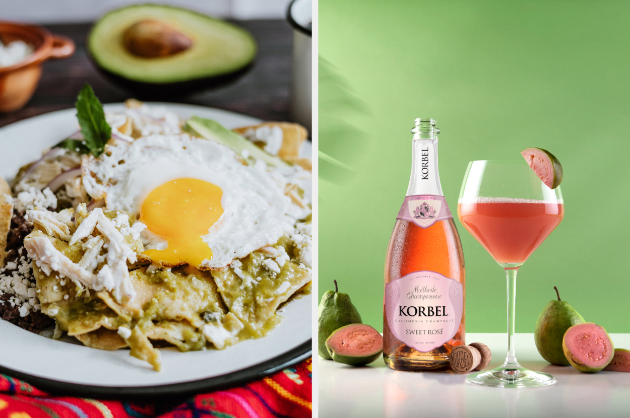 Left image: A plate of chilaquiles Right image: A guava mimosa