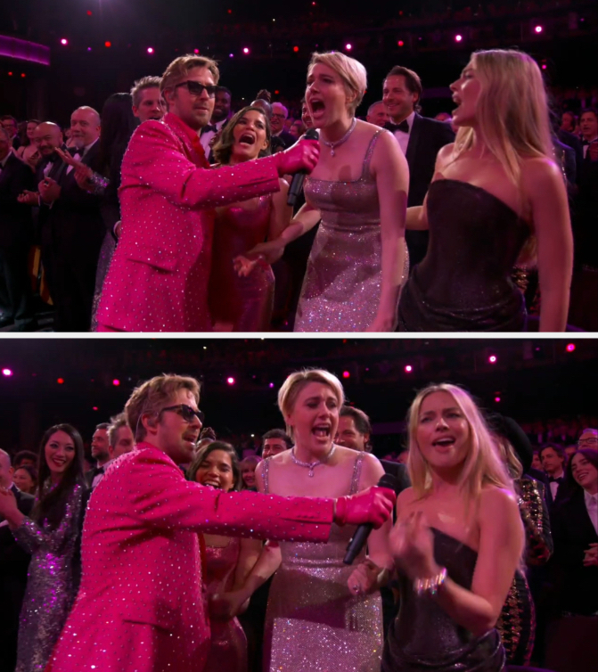 Ryan Gosling, Greta Gerwig, and Margot Robbie singing "I'm Just Ken" at the Oscars