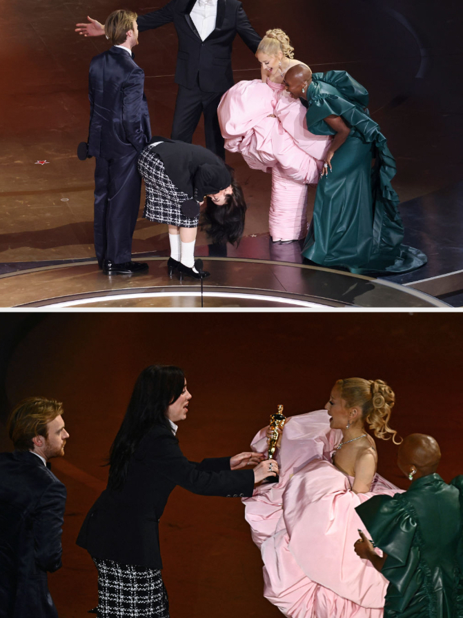 Finneas, Billie Eilish, Cynthia Erivo, and Ariana Grande onstage at the Oscars