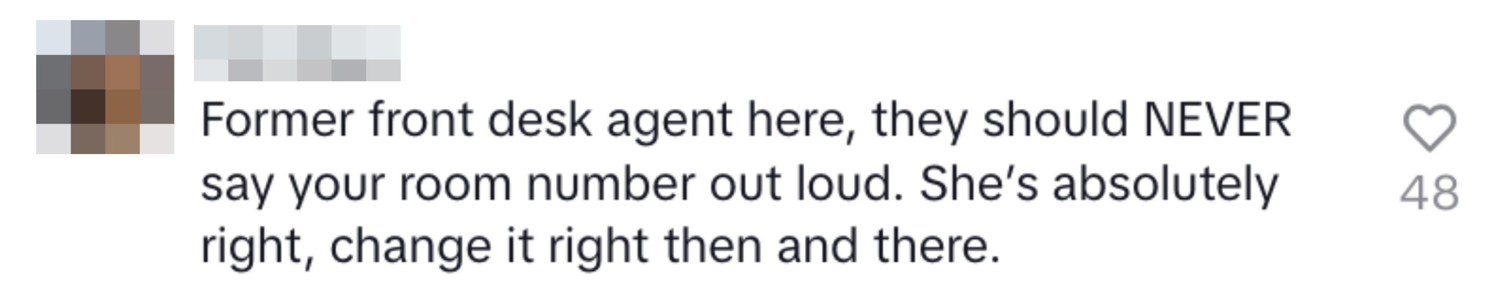 A comment advising to change hotel rooms if the room number is said aloud for security